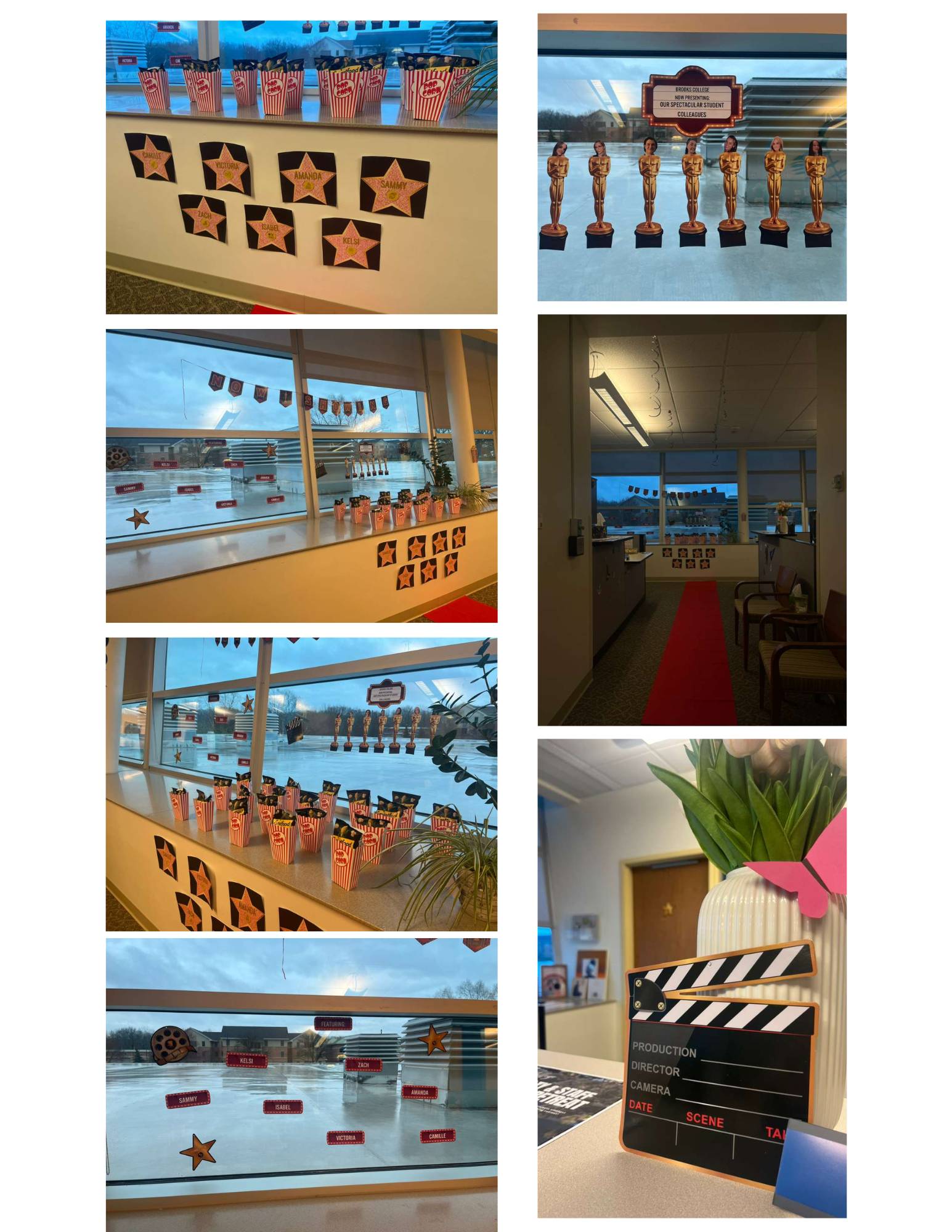 Popcorn buckets line a shelf by the window, there are Oscar statues hanging from a window, lots of stars with student names, a film real decoration and red carpet through the office